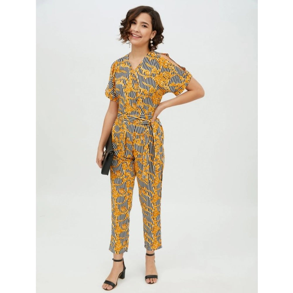 Snuggle Spot Women's Polyester Printed Half Sleeve Long Jumpsuit (Yellow)