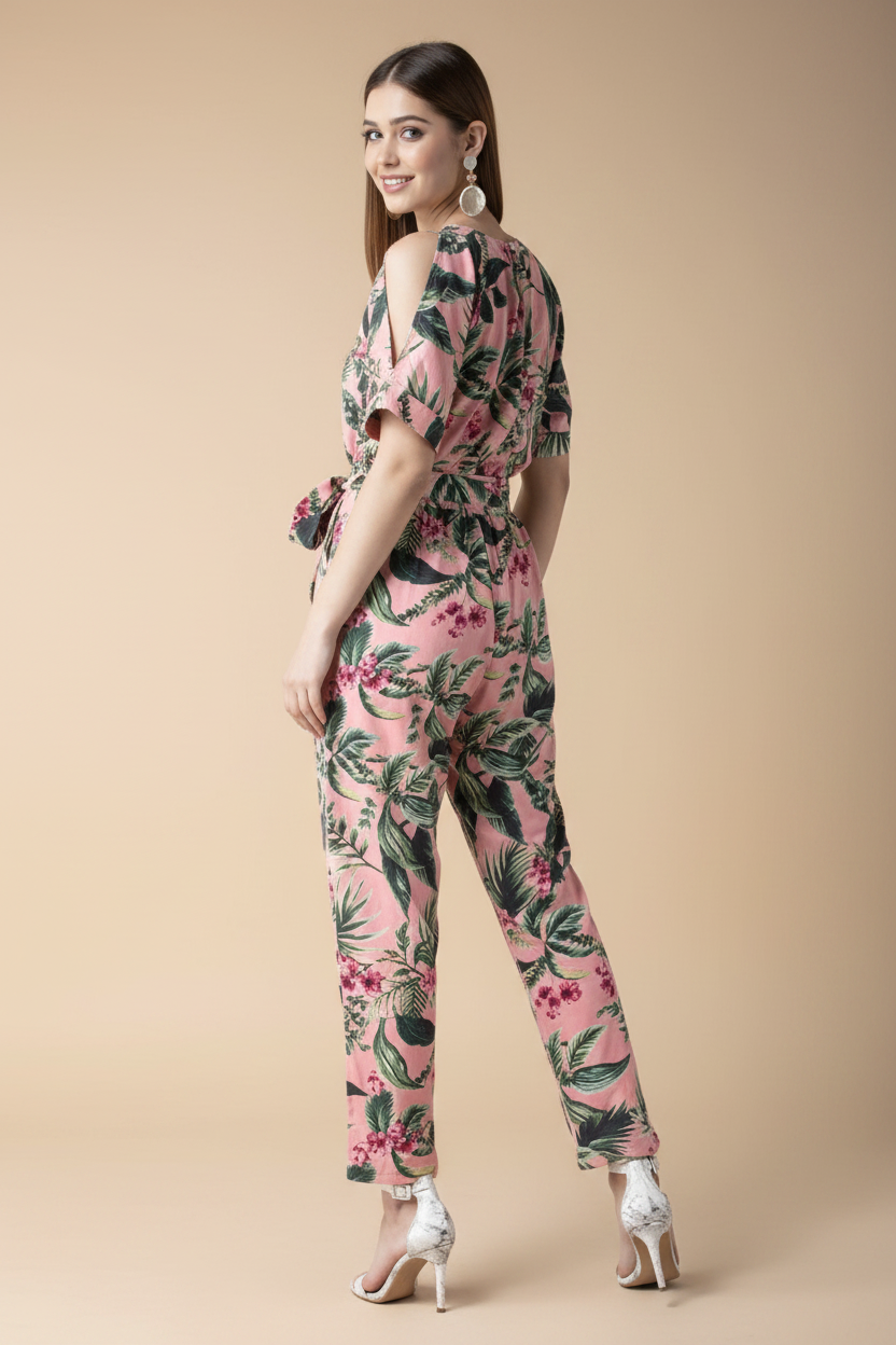 Snuggle Spot Women's Polyester Floral Half Sleeve Jumpsuit (Pink)