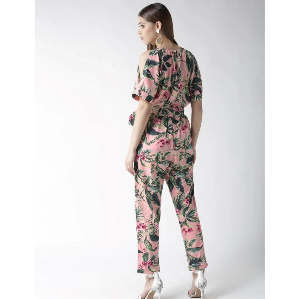 Snuggle Spot Women's Polyester Floral Half Sleeve Jumpsuit (Pink)