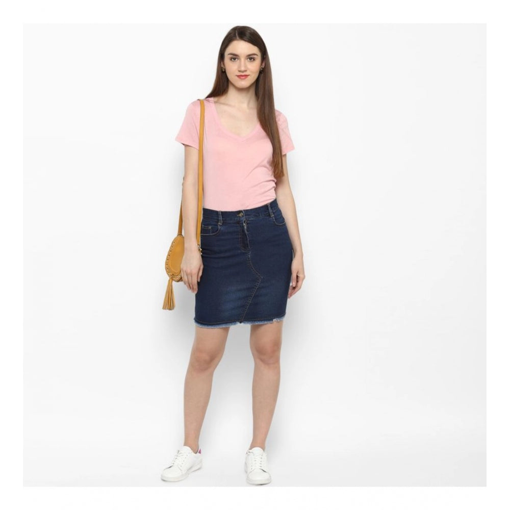 Snuggle Spot Women's Denim Stitching Pattern Buttoned Skirt (Blue)