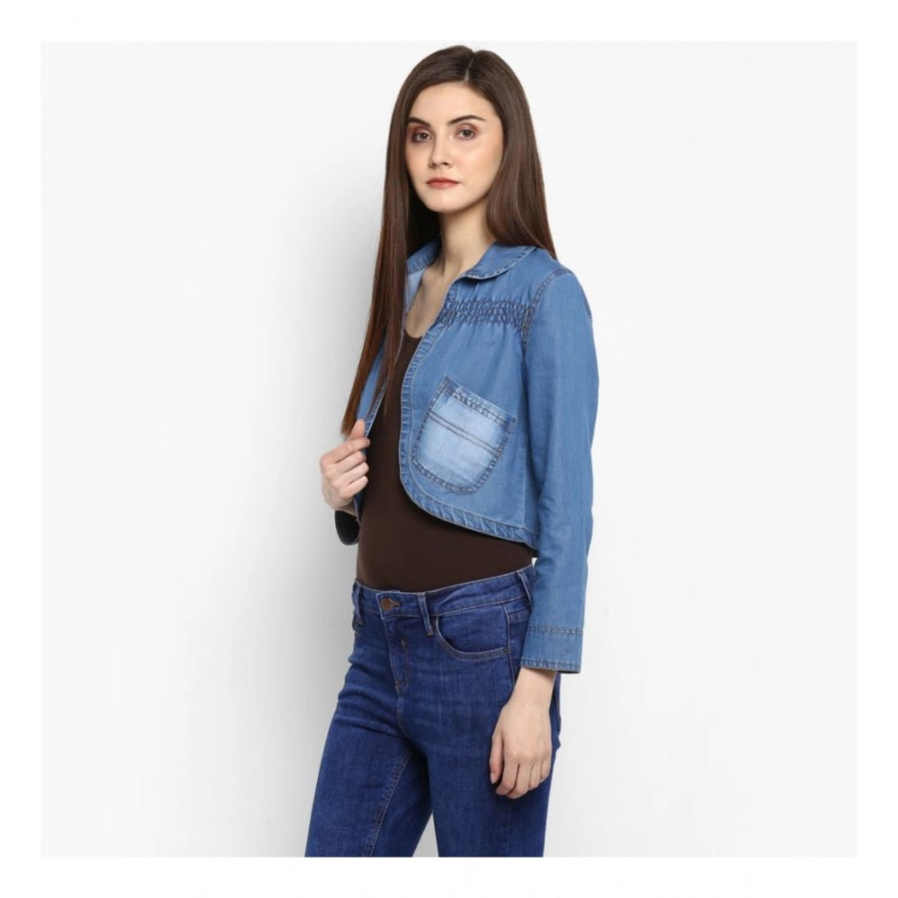 Snuggle Spot Women's Denim Smocking 3-4th Sleeves Shrug (Blue)