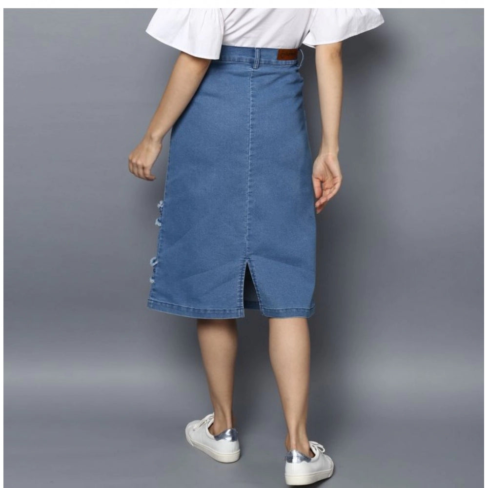 Snuggle Spot Women's Denim Washed Buttoned Skirt (Blue)