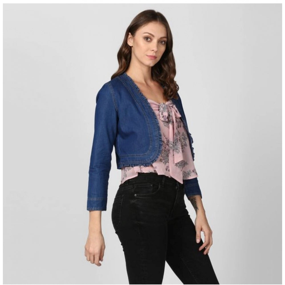 Snuggle Spot Women's Denim Ruffled Long Sleeves Shrug (Navy Blue)