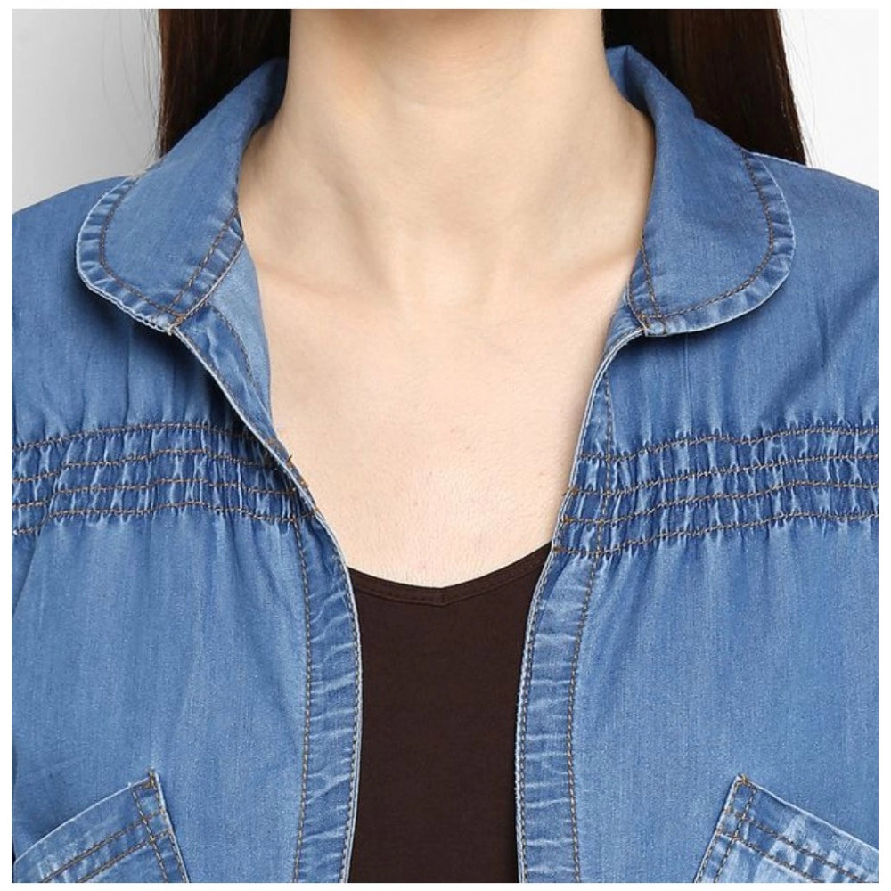 Snuggle Spot Women's Denim Smocking 3-4th Sleeves Shrug (Blue)