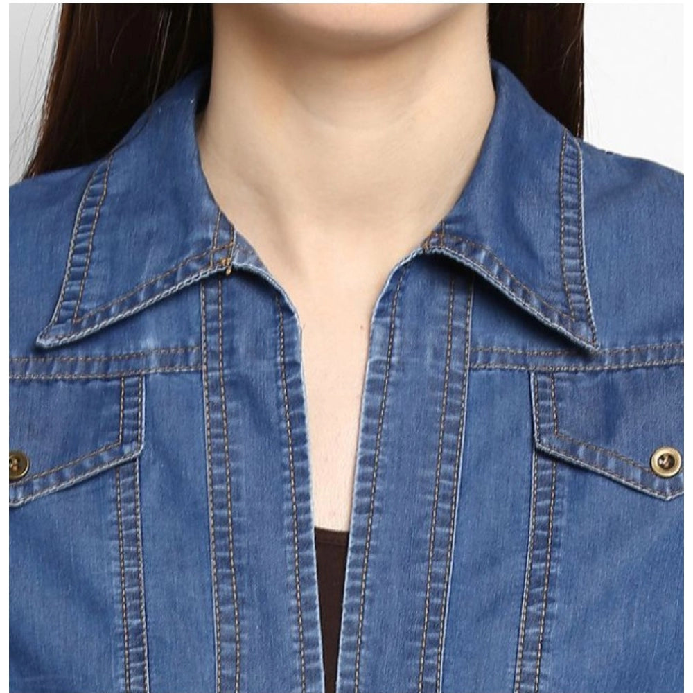 Snuggle Spot Women's Denim Solid 3-4th Sleeves Shrug (Blue)