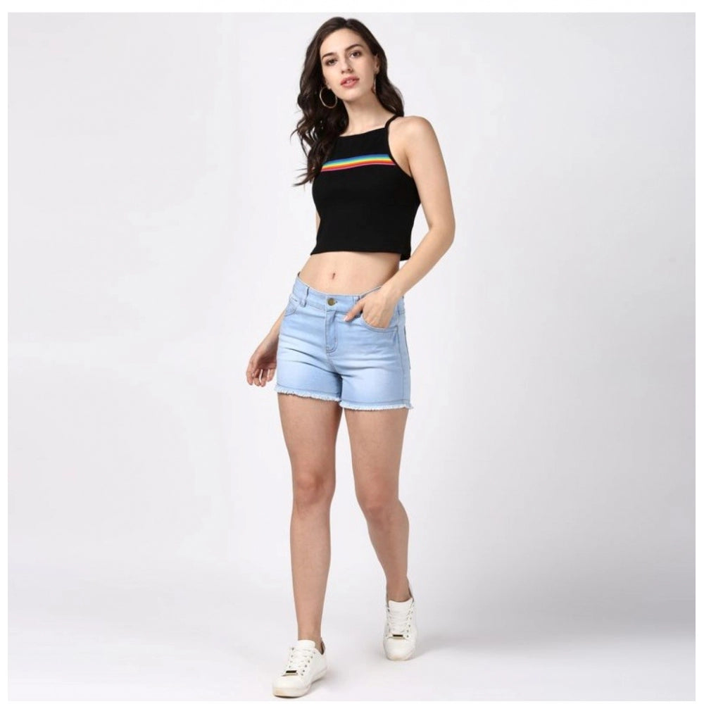 Snuggle Spot Women's Denim Solid Buttoned Shorts (Blue)