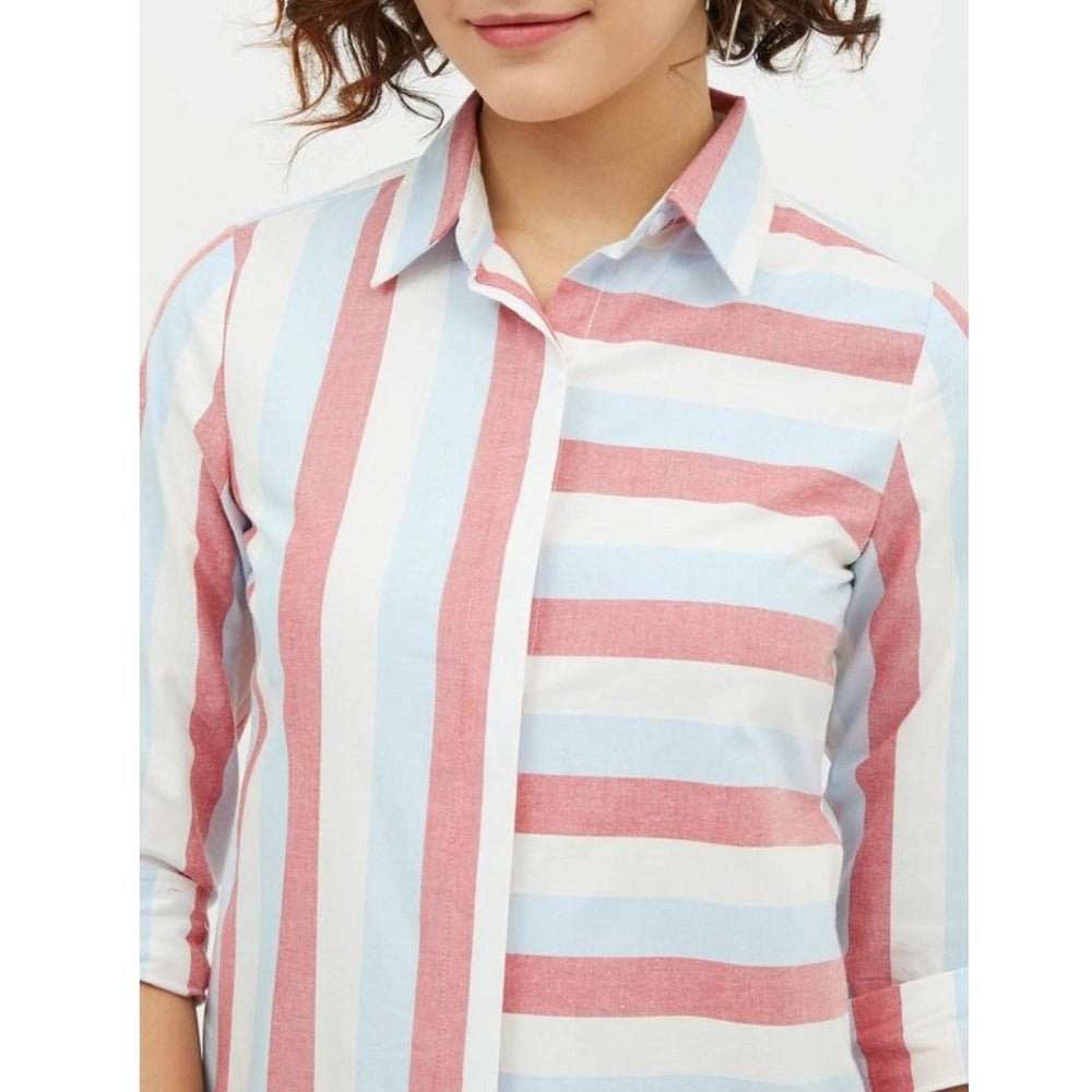 Snuggle Spot Women's Cotton Striped Long Sleeves Standard Length Shirt (Pink)