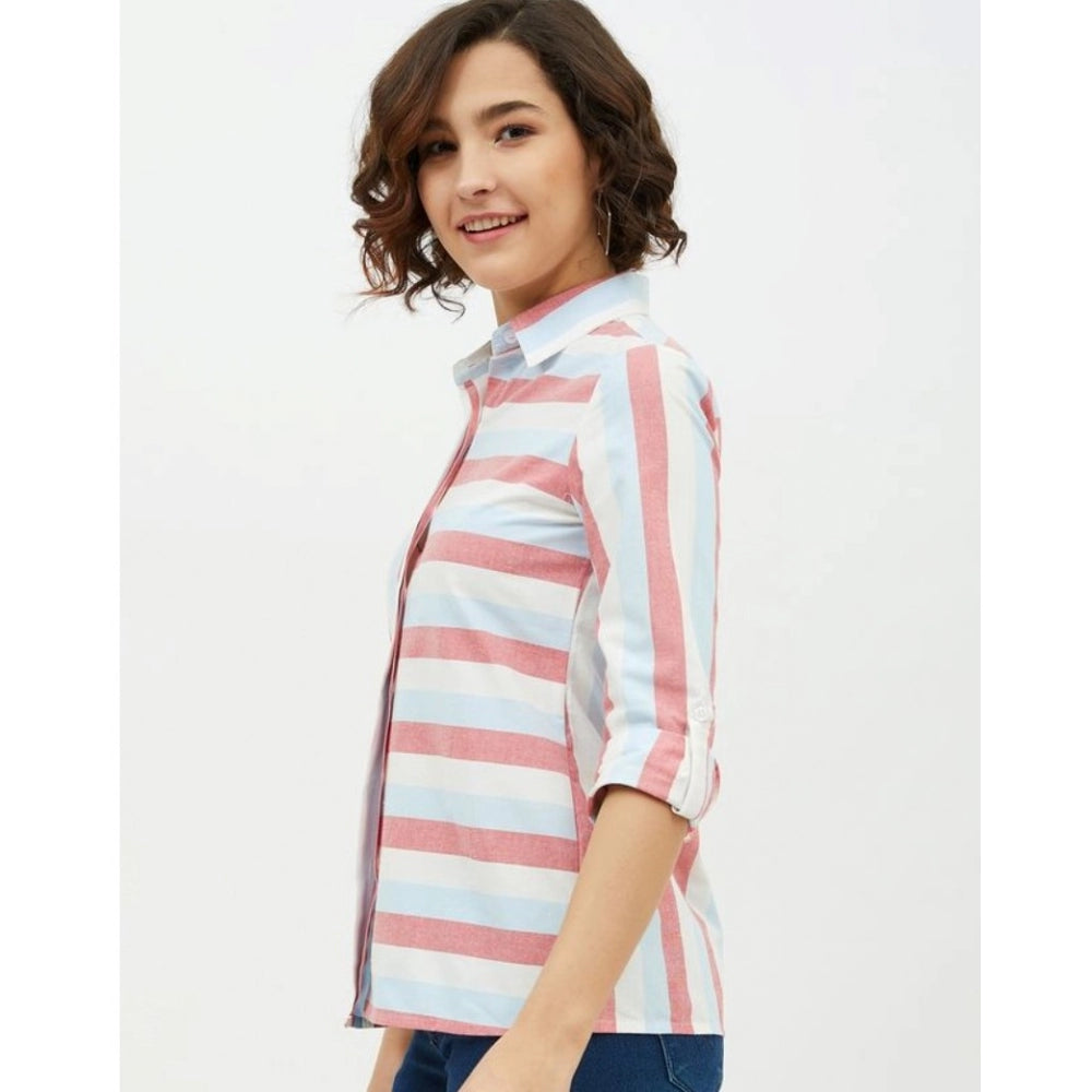 Snuggle Spot Women's Cotton Striped Long Sleeves Standard Length Shirt (Pink)