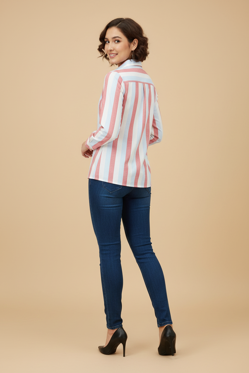 Snuggle Spot Women's Cotton Striped Long Sleeves Standard Length Shirt (Pink)