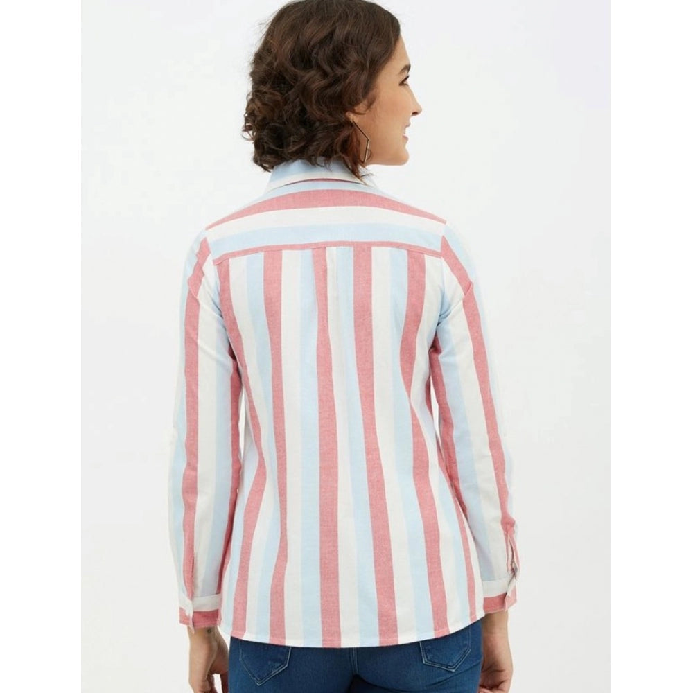 Snuggle Spot Women's Cotton Striped Long Sleeves Standard Length Shirt (Pink)