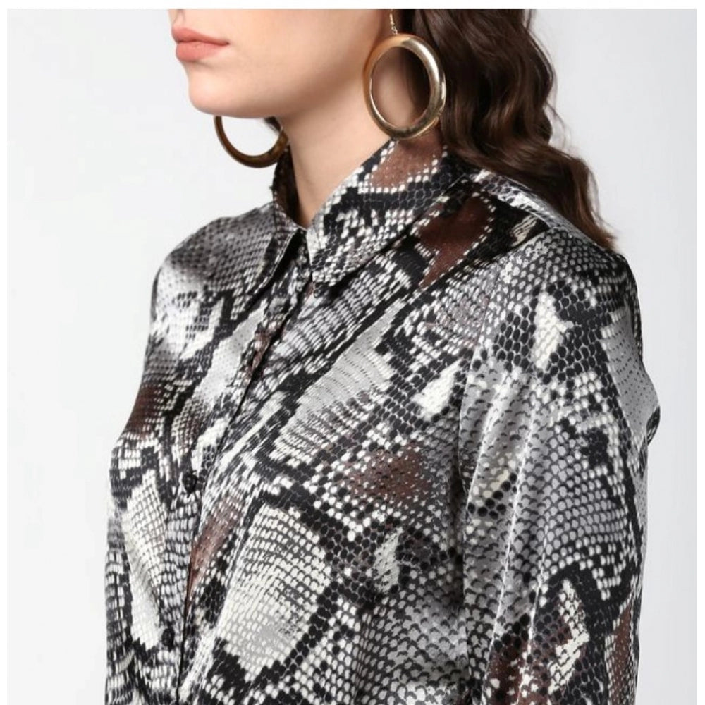 Snuggle Spot Women's Satin Animal Print Long Sleeves Standard Length Shirt (Black - Grey)