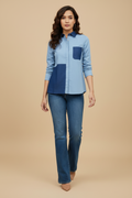 Snuggle Spot Women's Denim Patch Work Long Sleeves Standard Length Shirt (Blue)