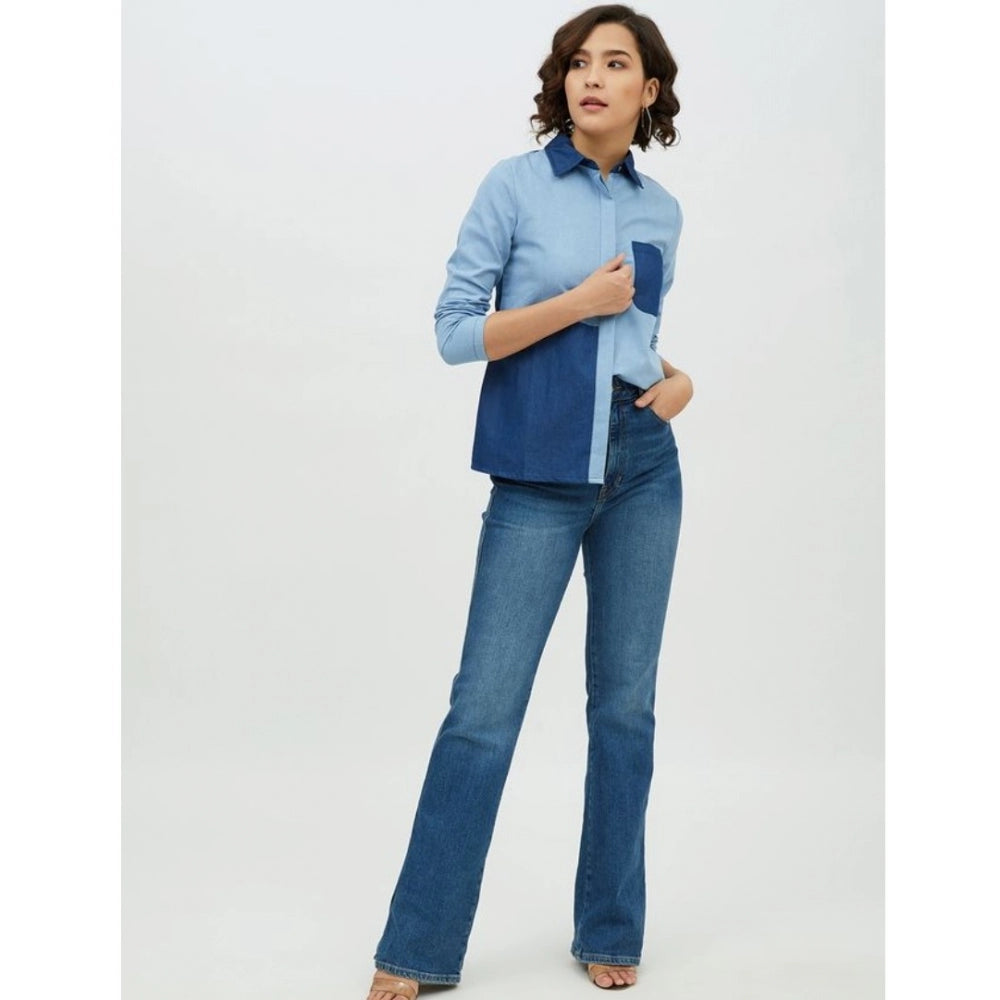 Snuggle Spot Women's Denim Patch Work Long Sleeves Standard Length Shirt (Blue)