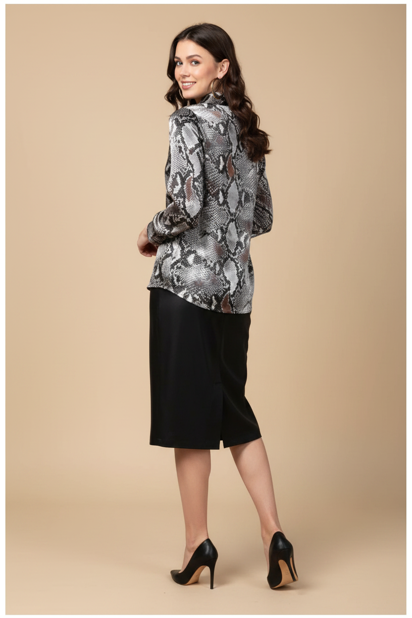 Snuggle Spot Women's Satin Animal Print Long Sleeves Standard Length Shirt (Black - Grey)