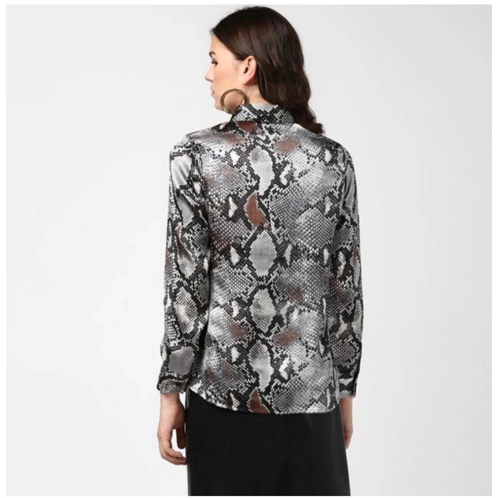 Snuggle Spot Women's Satin Animal Print Long Sleeves Standard Length Shirt (Black - Grey)