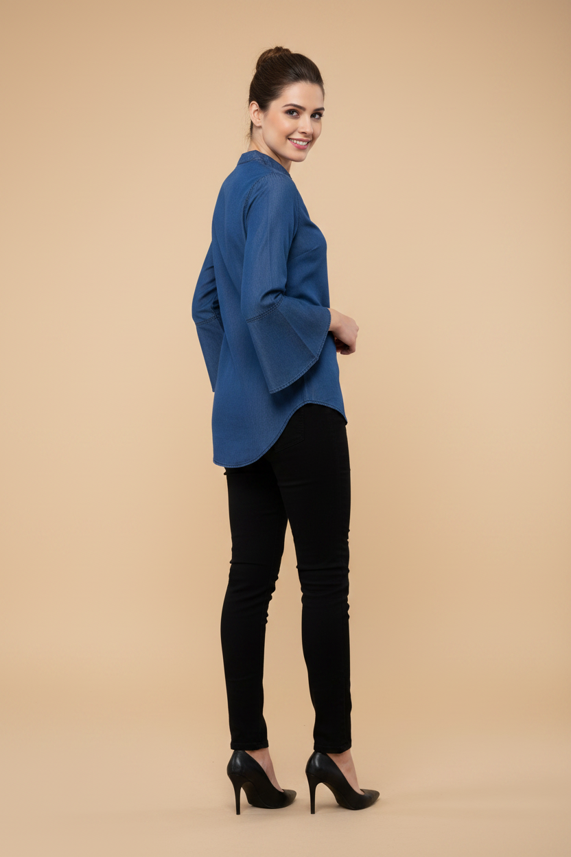 Snuggle Spot Women's Denim Solid Bell Sleeve Regular Top (Blue Denim)