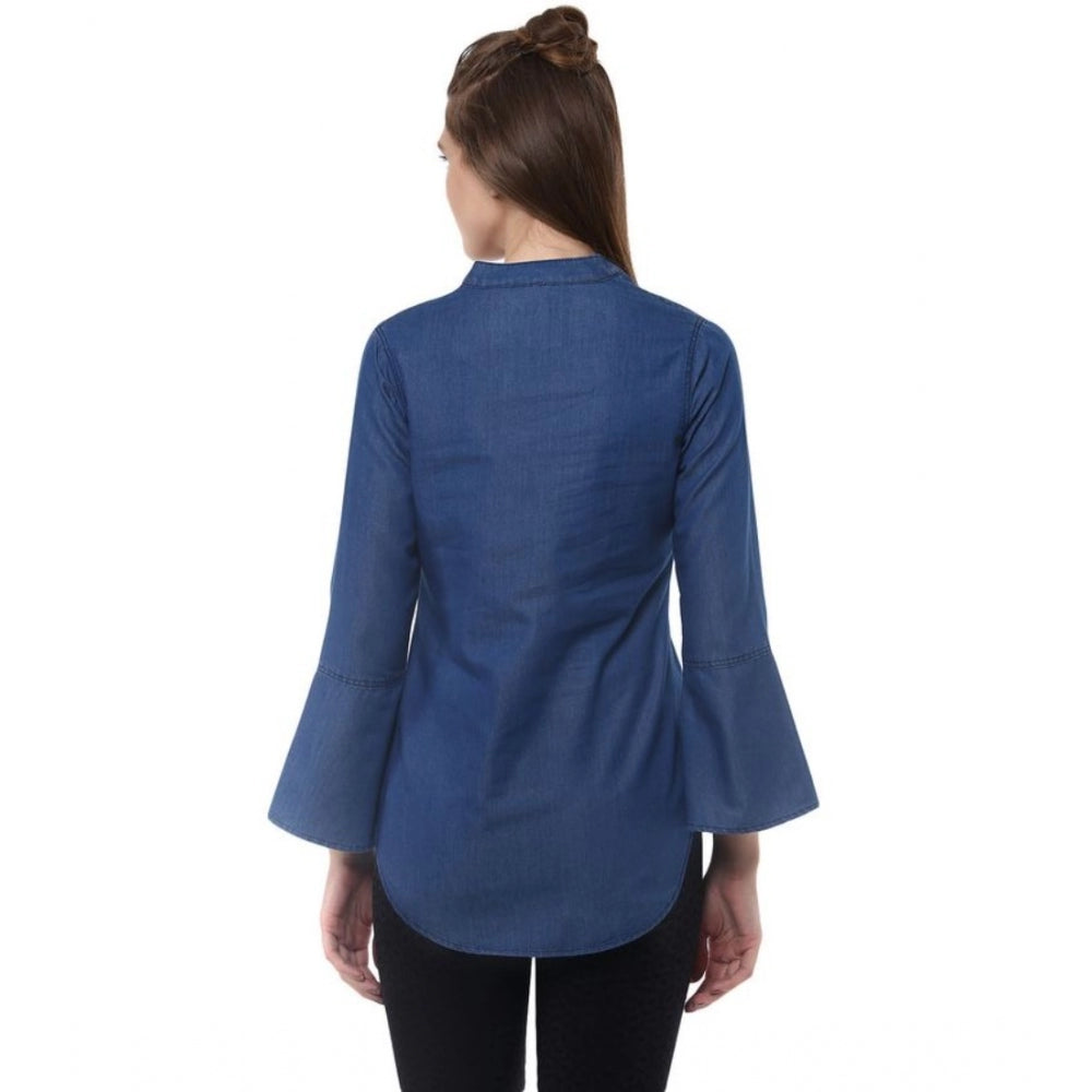 Snuggle Spot Women's Denim Solid Bell Sleeve Regular Top (Blue Denim)