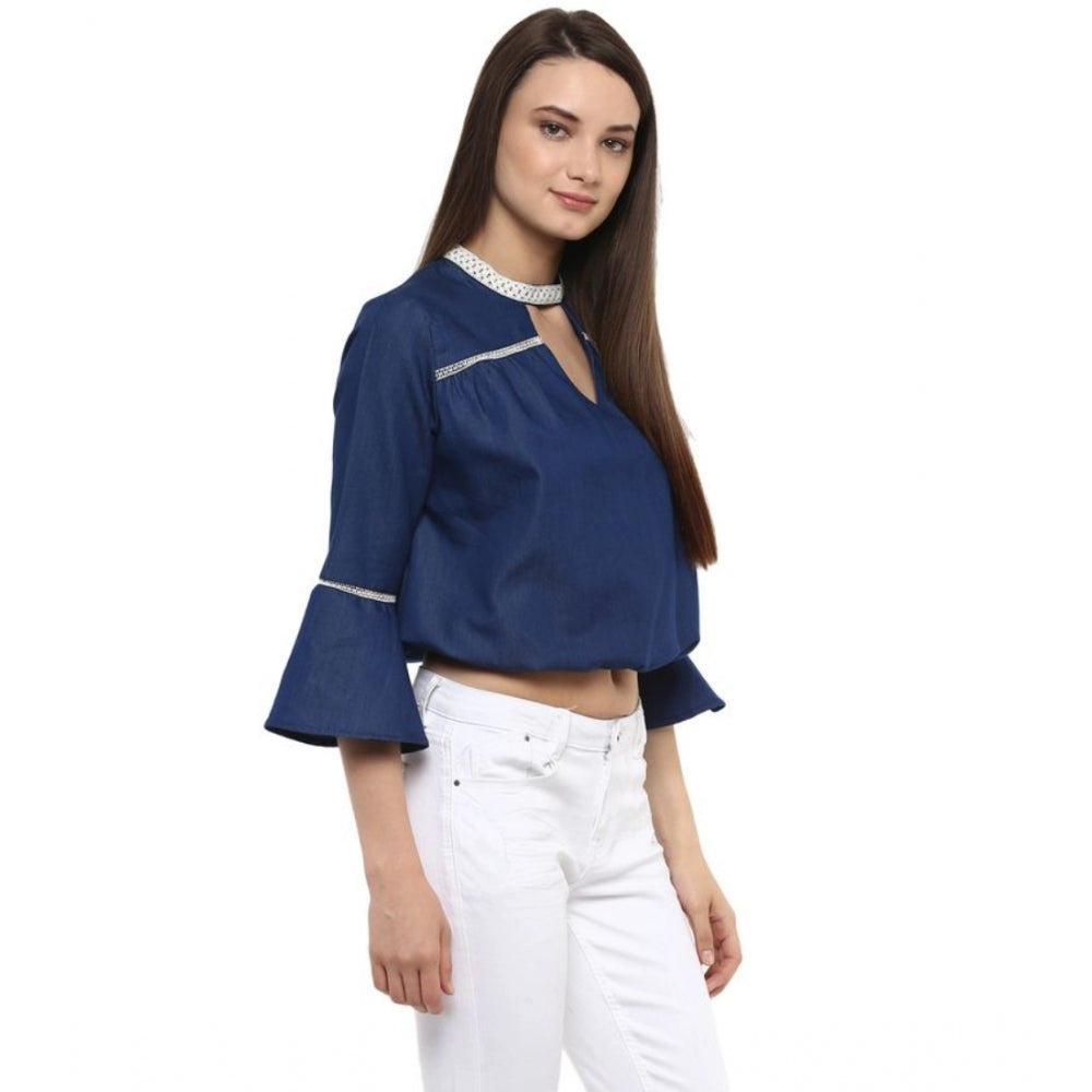 Snuggle Spot Women's Polyester Solid Bell Sleeve Regular Top (Blue)