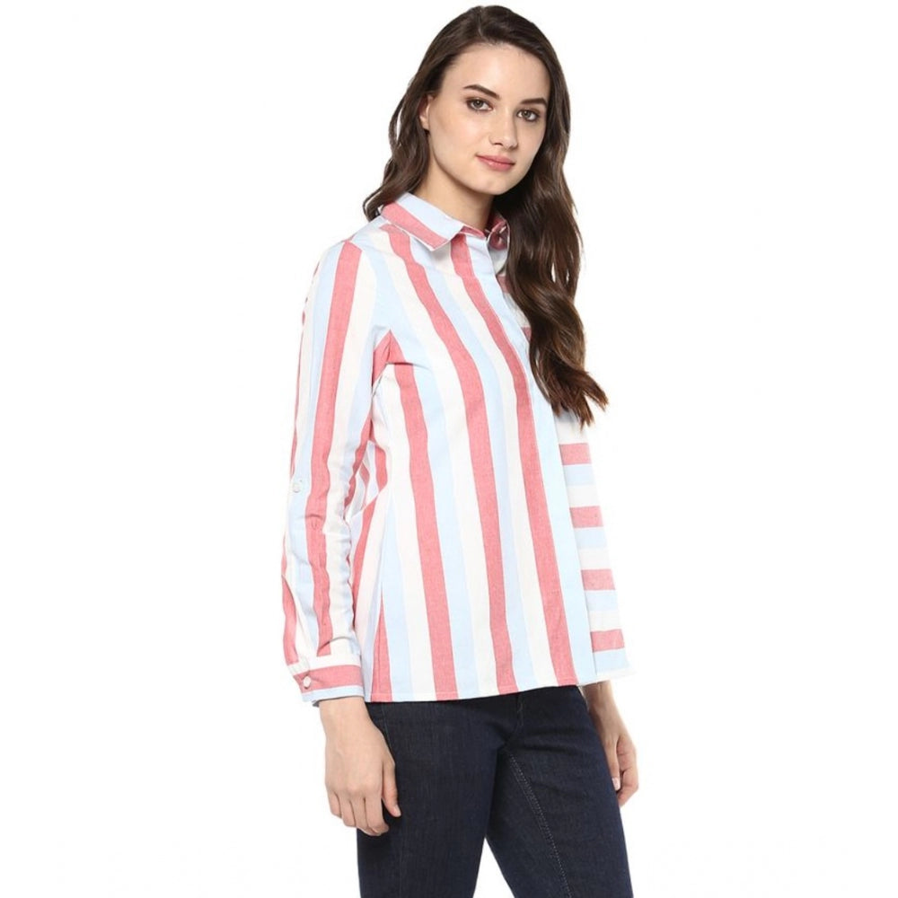 Snuggle Spot Women's Cotton Striped Roll Up Sleeve Regular Top (Red)