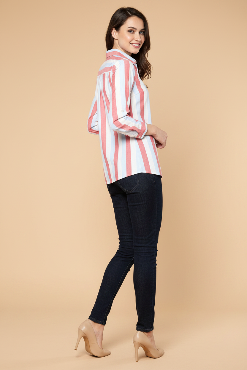 Snuggle Spot Women's Cotton Striped Roll Up Sleeve Regular Top (Red)