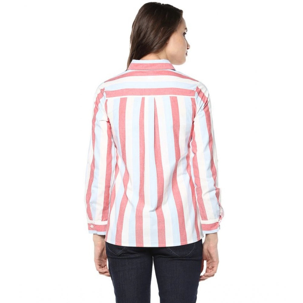 Snuggle Spot Women's Cotton Striped Roll Up Sleeve Regular Top (Red)
