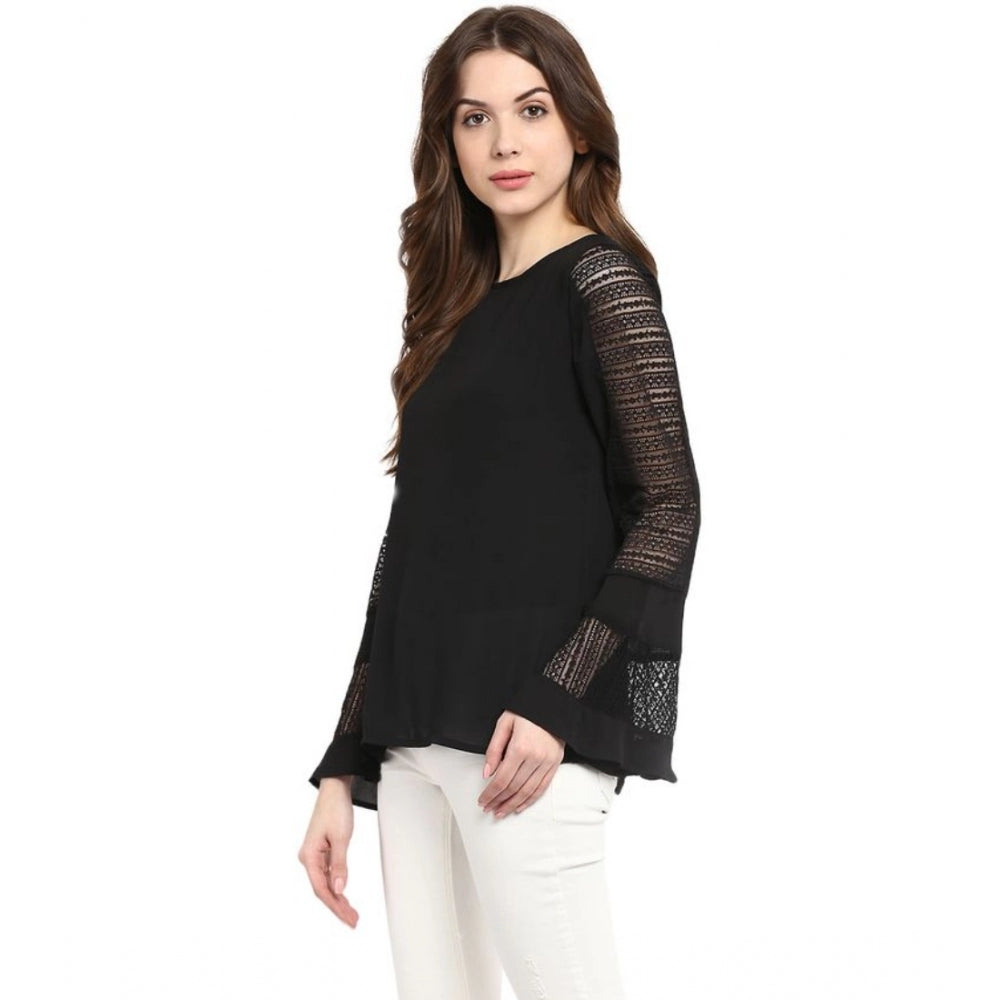 Snuggle Spot Women's Polyester Georgette Self Design Bell Sleeve Regular Top (Black)