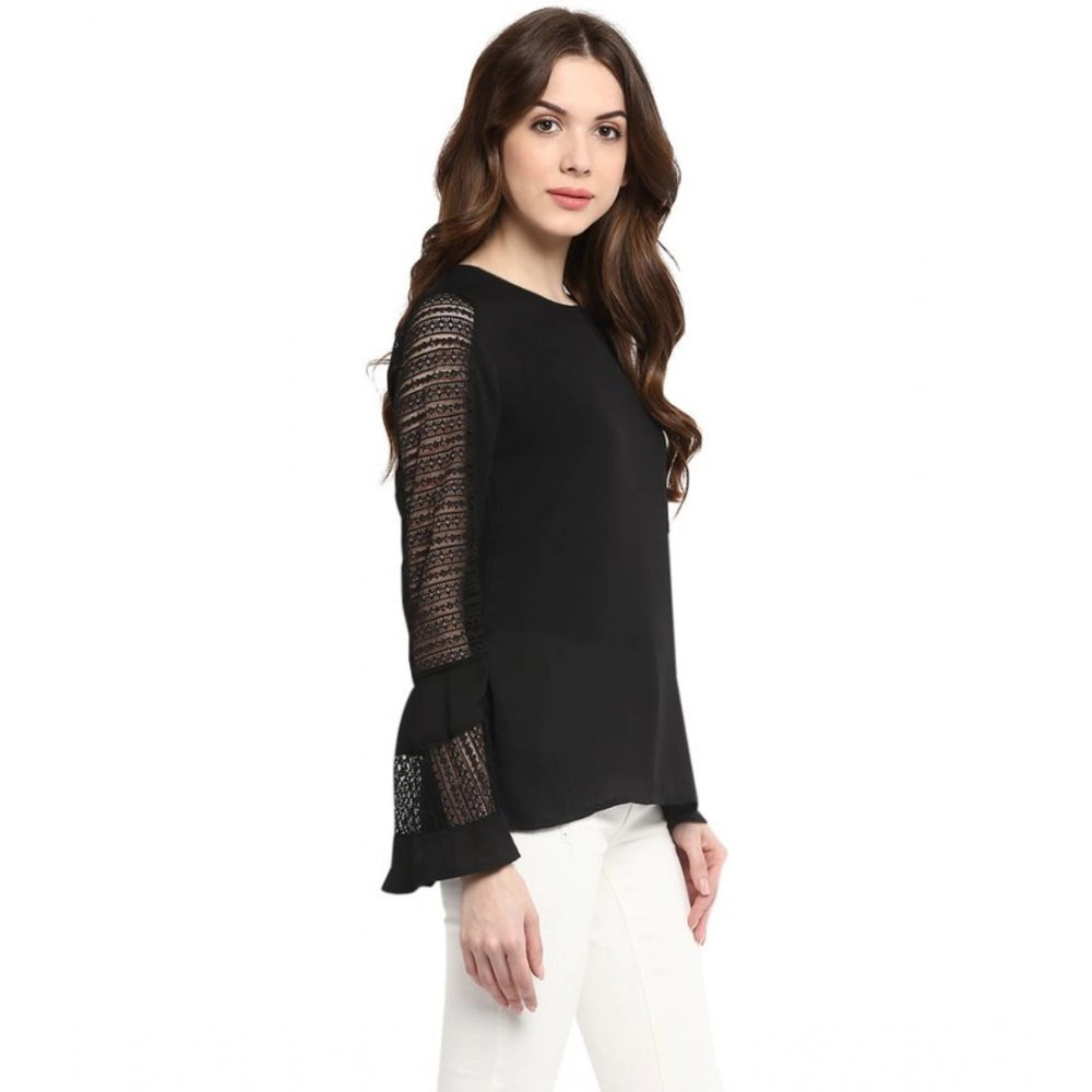 Snuggle Spot Women's Polyester Georgette Self Design Bell Sleeve Regular Top (Black)