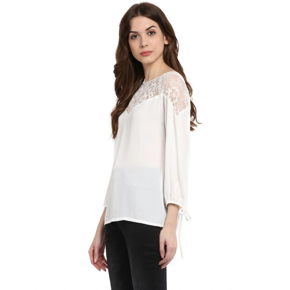 Snuggle Spot Women's Polyester Georgette Self Design 3-4th Sleeves Regular Top (White)