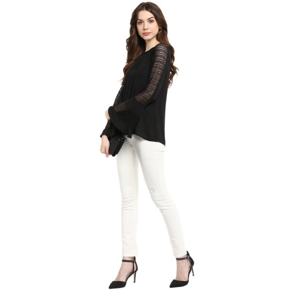 Snuggle Spot Women's Polyester Georgette Self Design Bell Sleeve Regular Top (Black)