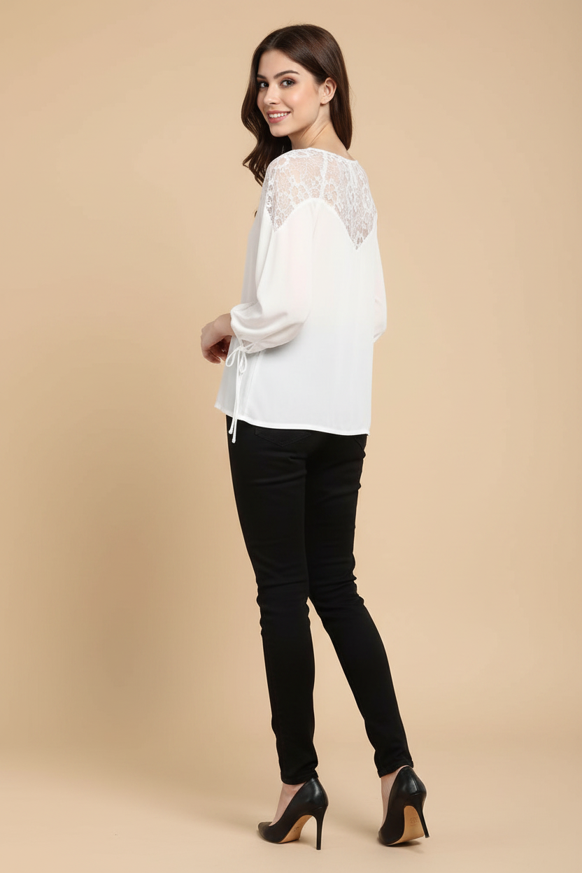 Snuggle Spot Women's Polyester Georgette Self Design 3-4th Sleeves Regular Top (White)