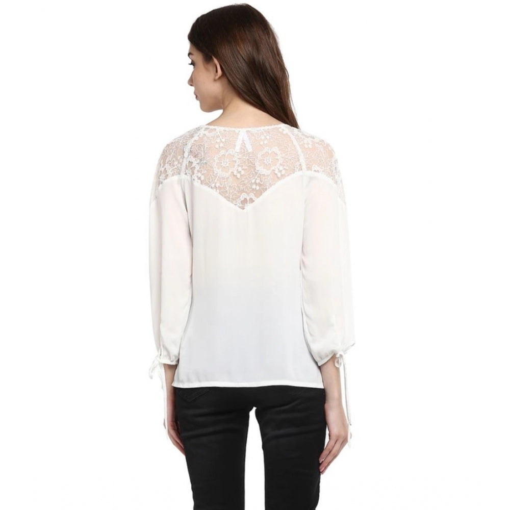 Snuggle Spot Women's Polyester Georgette Self Design 3-4th Sleeves Regular Top (White)