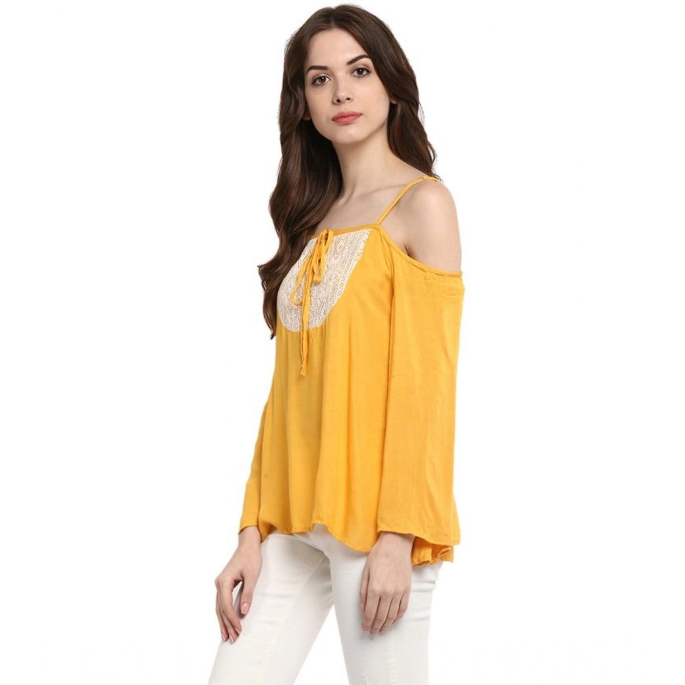 Snuggle Spot Women's Rayon Embellished Cold Shoulder Regular Top (Mustard Yellow)
