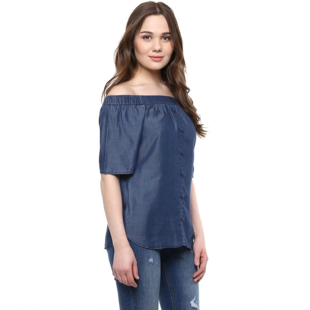 Snuggle Spot Women's Denim Solid Short Sleeve Regular Top (Blue)