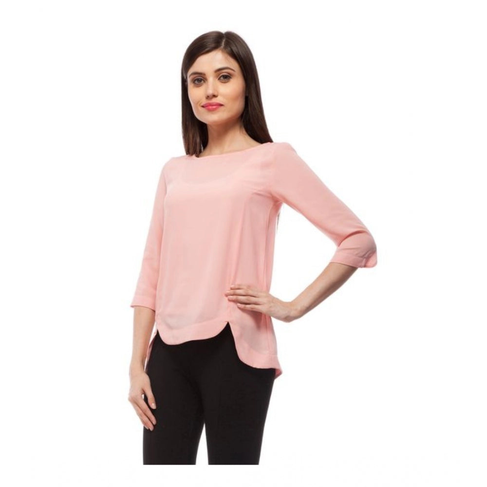 Snuggle Spot Women's Polyester Solid 3-4th Sleeves Regular Top (Peach)