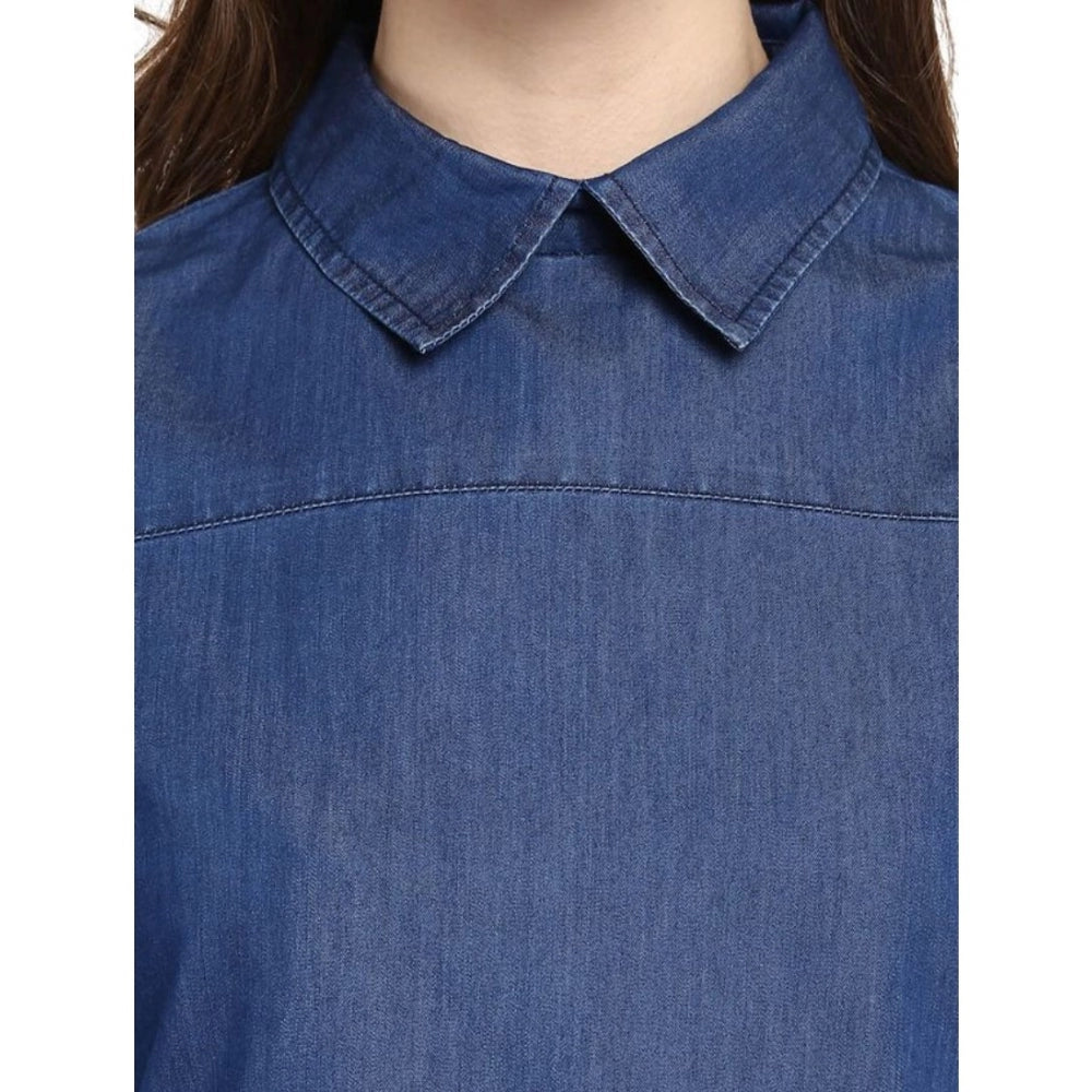 Snuggle Spot Women's Denim Solid Cold Shoulder Regular Top (Blue)