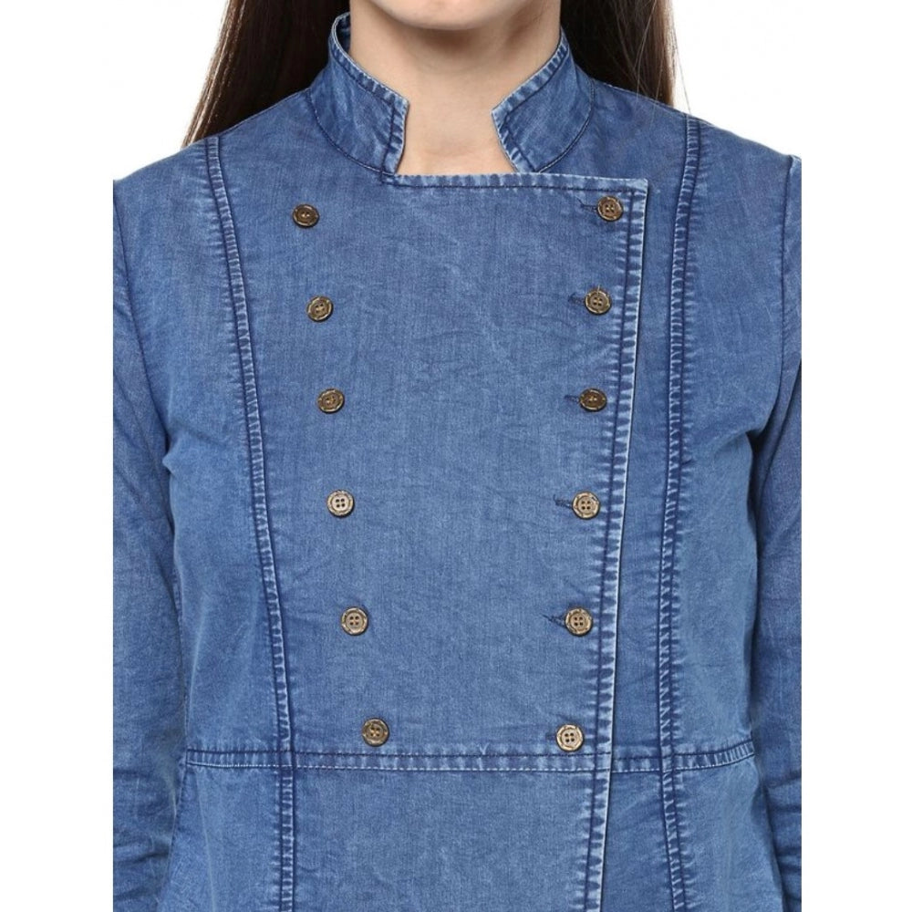 Snuggle Spot Women's Denim Solid 3-4th Sleeves Regular Top (Blue)
