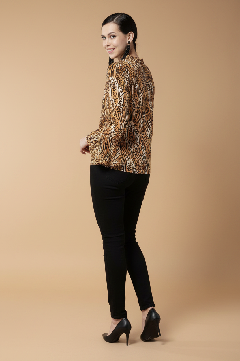 Snuggle Spot Women's Polyester Printed Bell Sleeve Top (Orange - Black)