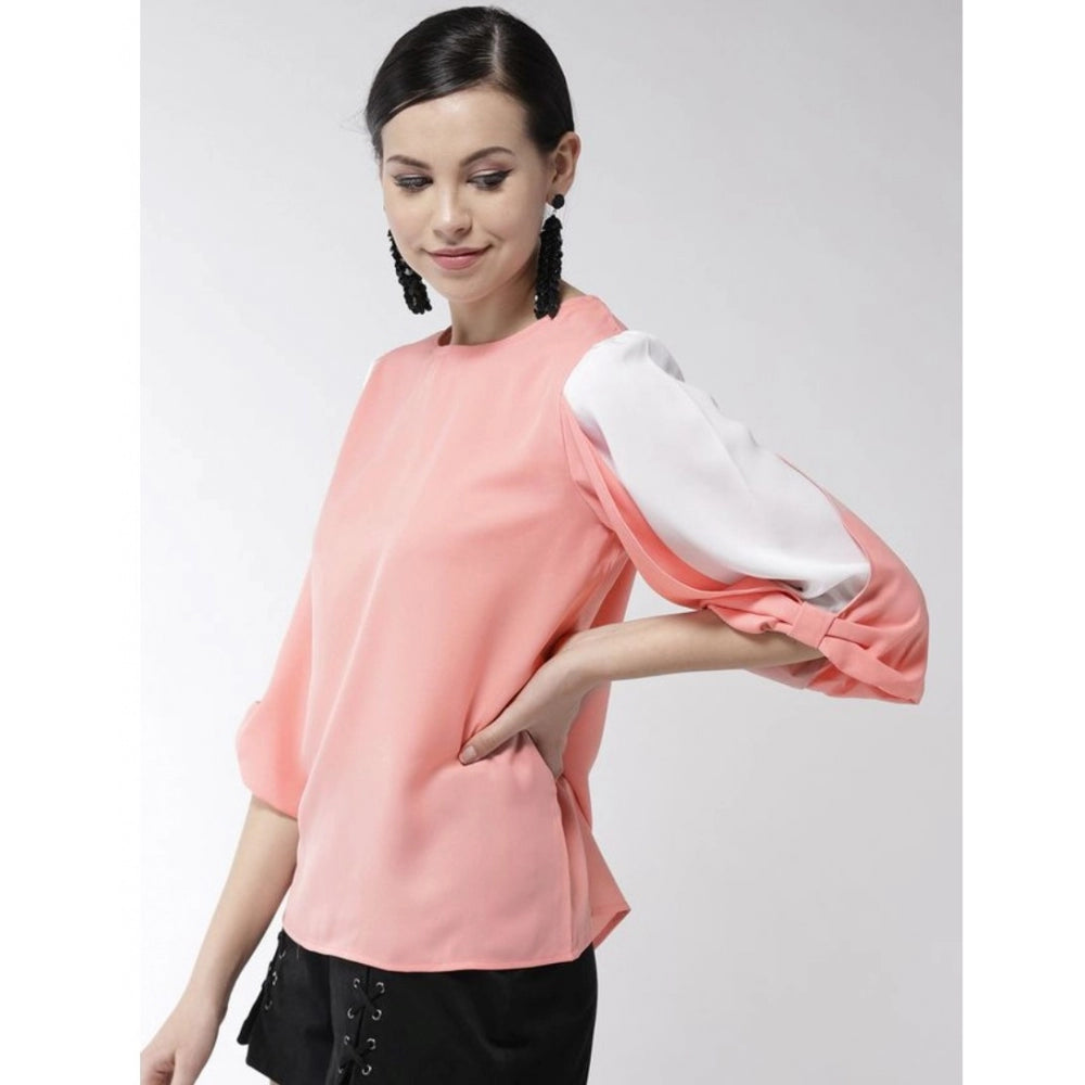 Snuggle Spot Women's Polyester Colour Block Slit Sleeve Top (Pink)