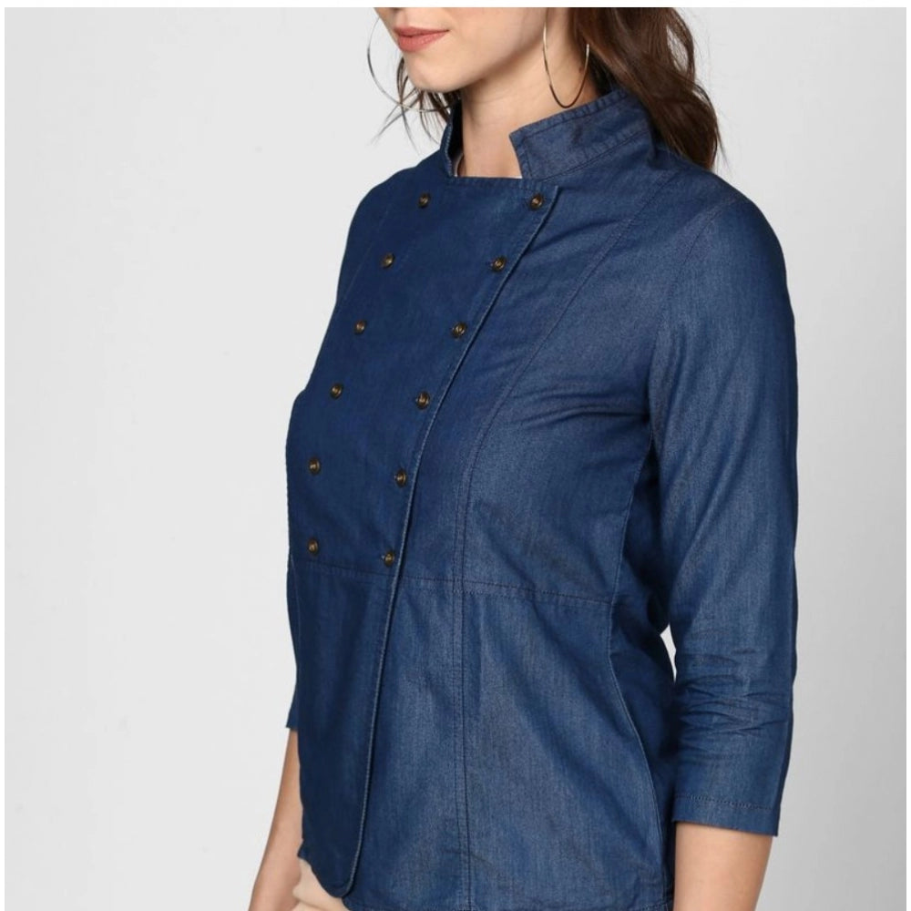 Snuggle Spot Women's Denim Solid 3-4th Sleeves Top (Blue)