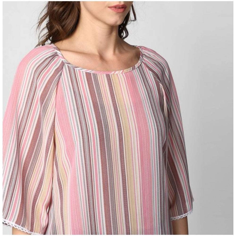 Snuggle Spot Women's Polyester Striped 3-4th Sleeves Top (Pink)