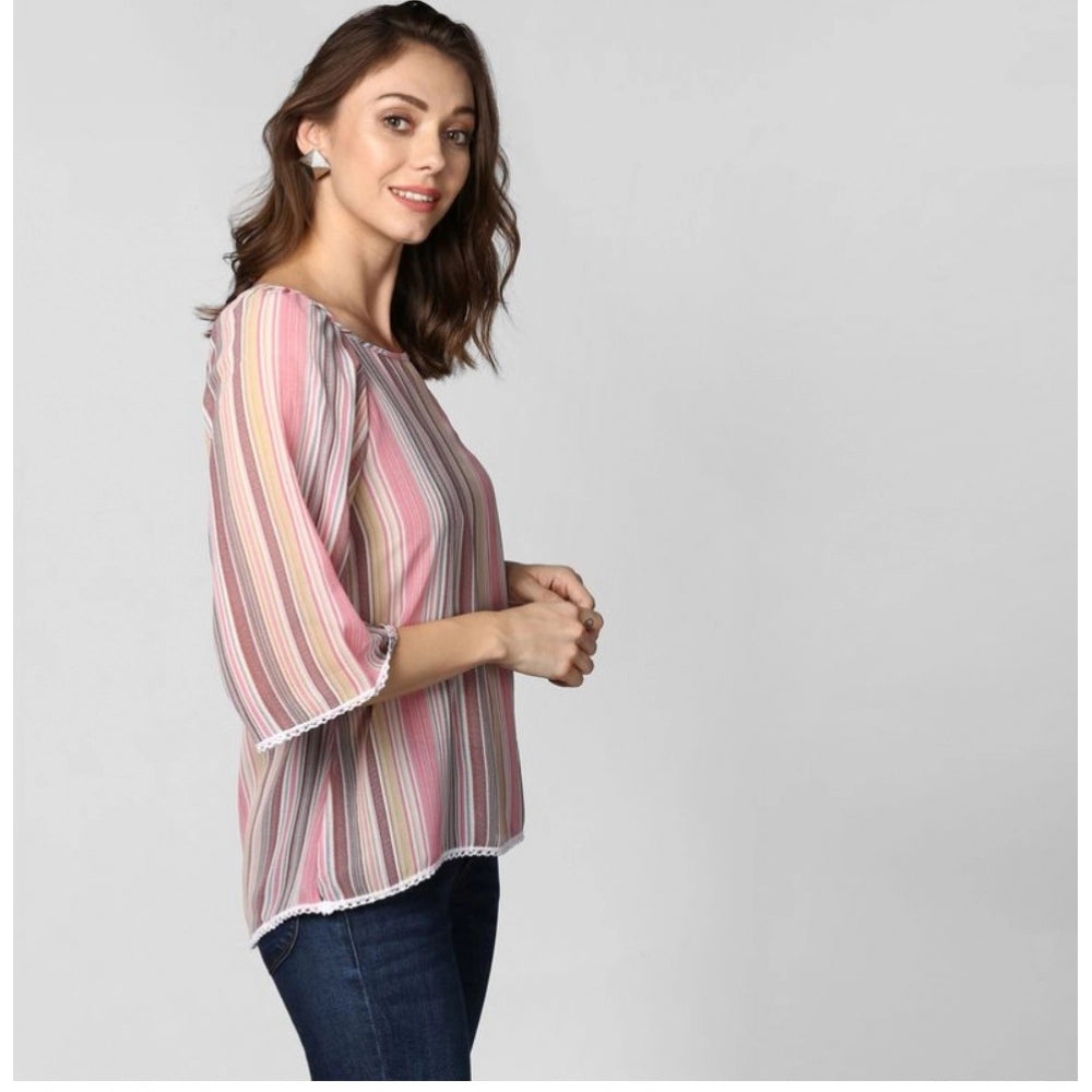 Snuggle Spot Women's Polyester Striped 3-4th Sleeves Top (Pink)