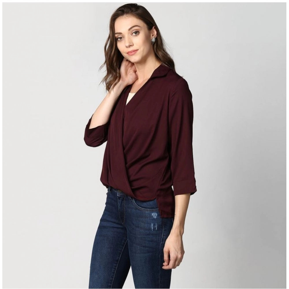 Snuggle Spot Women's Polyester Solid 3-4th Sleeves Top (Maroon)