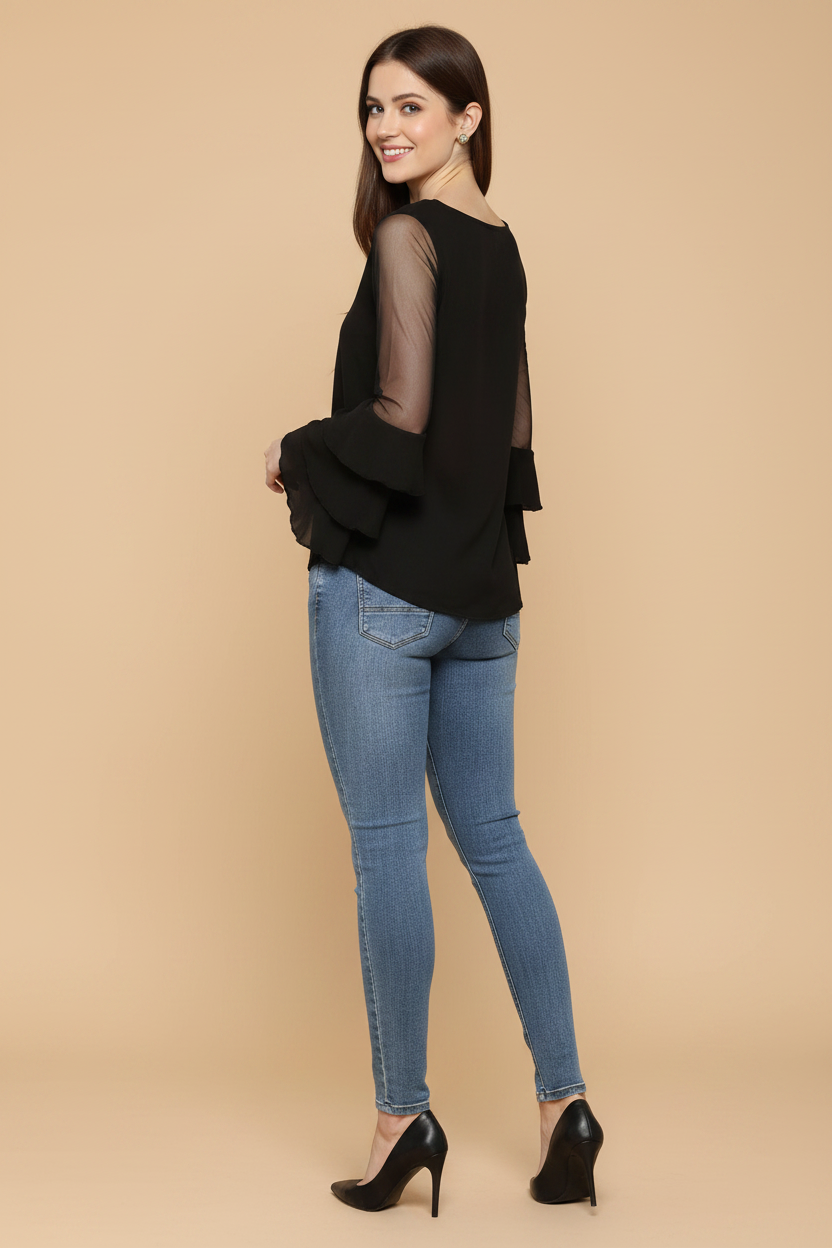 Snuggle Spot Women's Polyester Solid Tier Sleeve Top (Black)