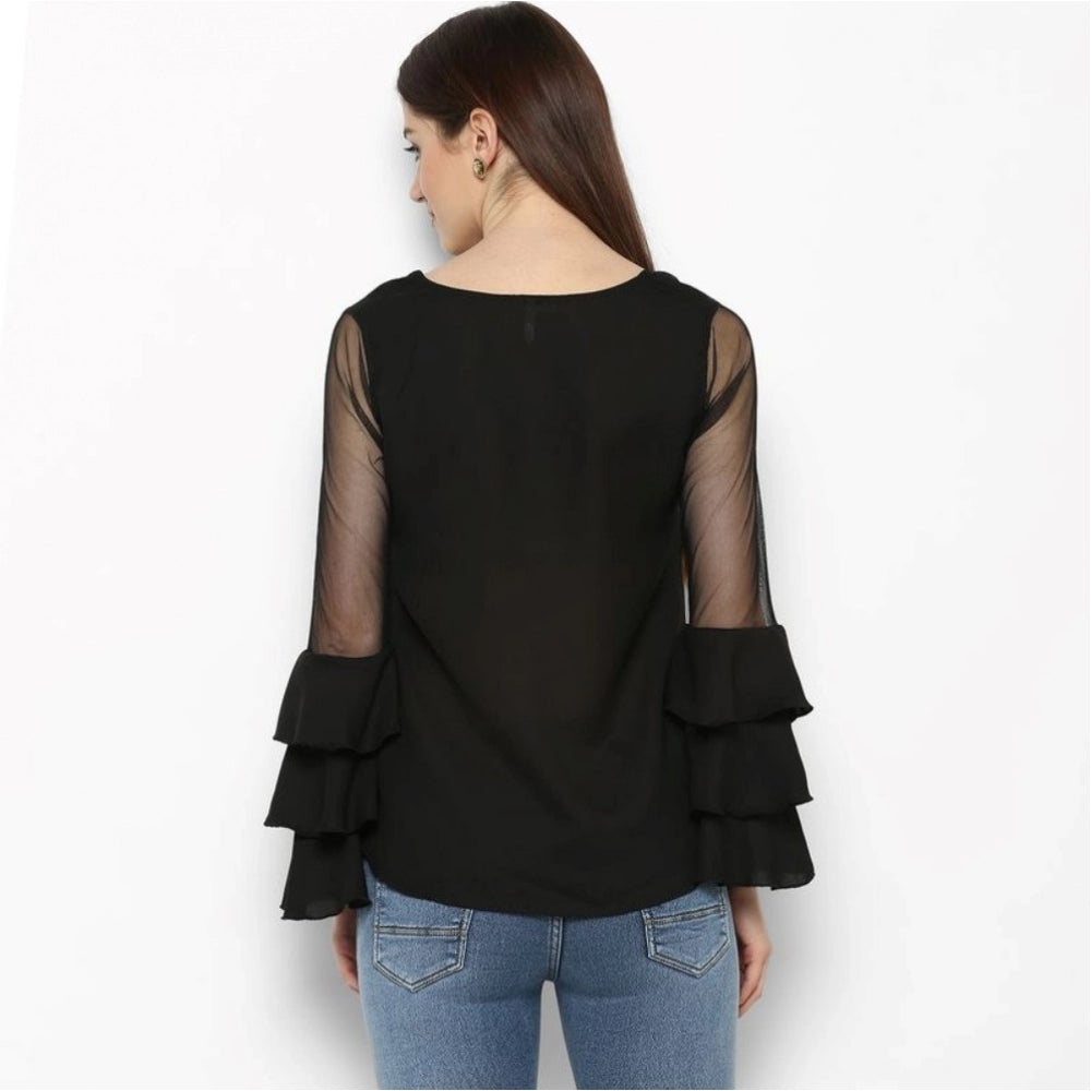 Snuggle Spot Women's Polyester Solid Tier Sleeve Top (Black)