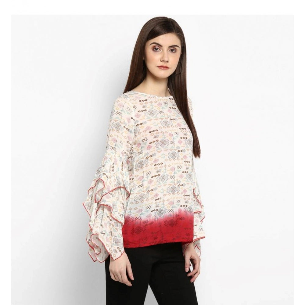 Snuggle Spot Women's Rayon Crepe Printed Ruffle Sleeve Top (Off White - Red)
