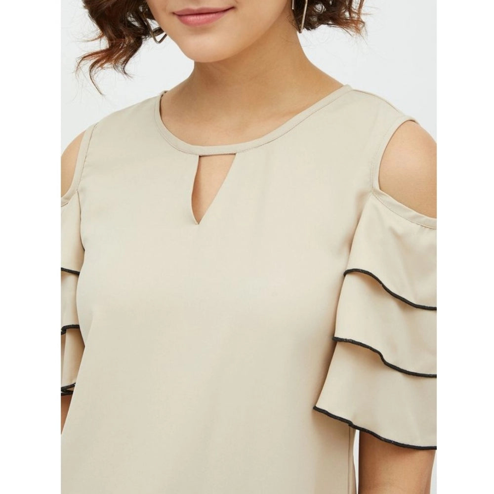 Snuggle Spot Women's Polyester Tiered Cold Shoulder Top (Beige)