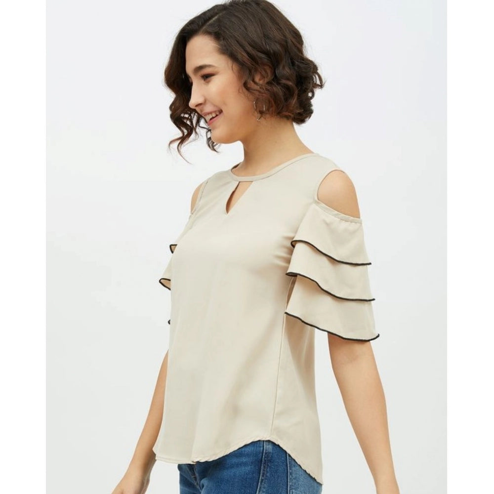 Snuggle Spot Women's Polyester Tiered Cold Shoulder Top (Beige)