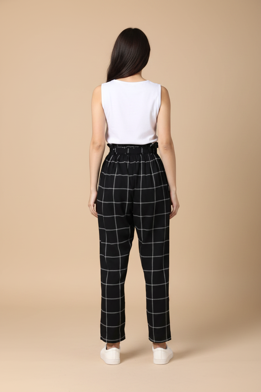Snuggle Spot Women's Polyester Checkered Elasticated Trousers (Black - White)