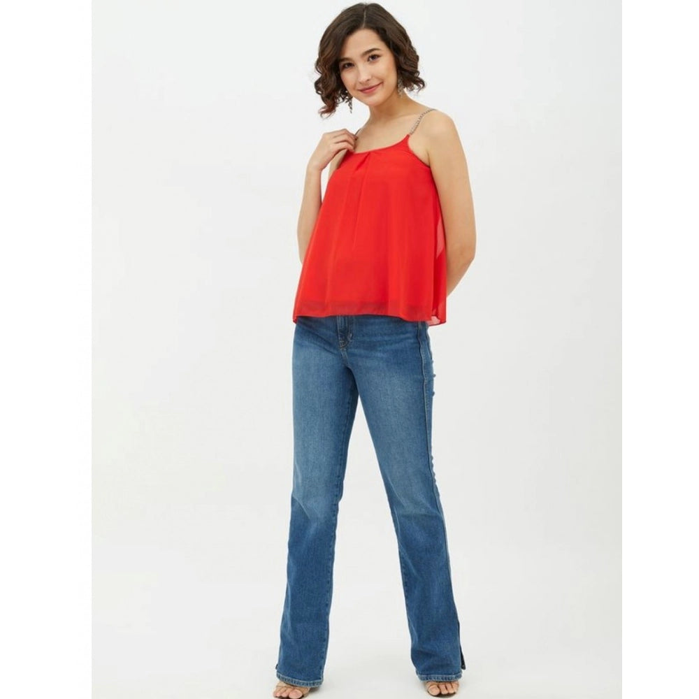 Snuggle Spot Women's Polyester Embellished Shoulder Straps Top (Red)