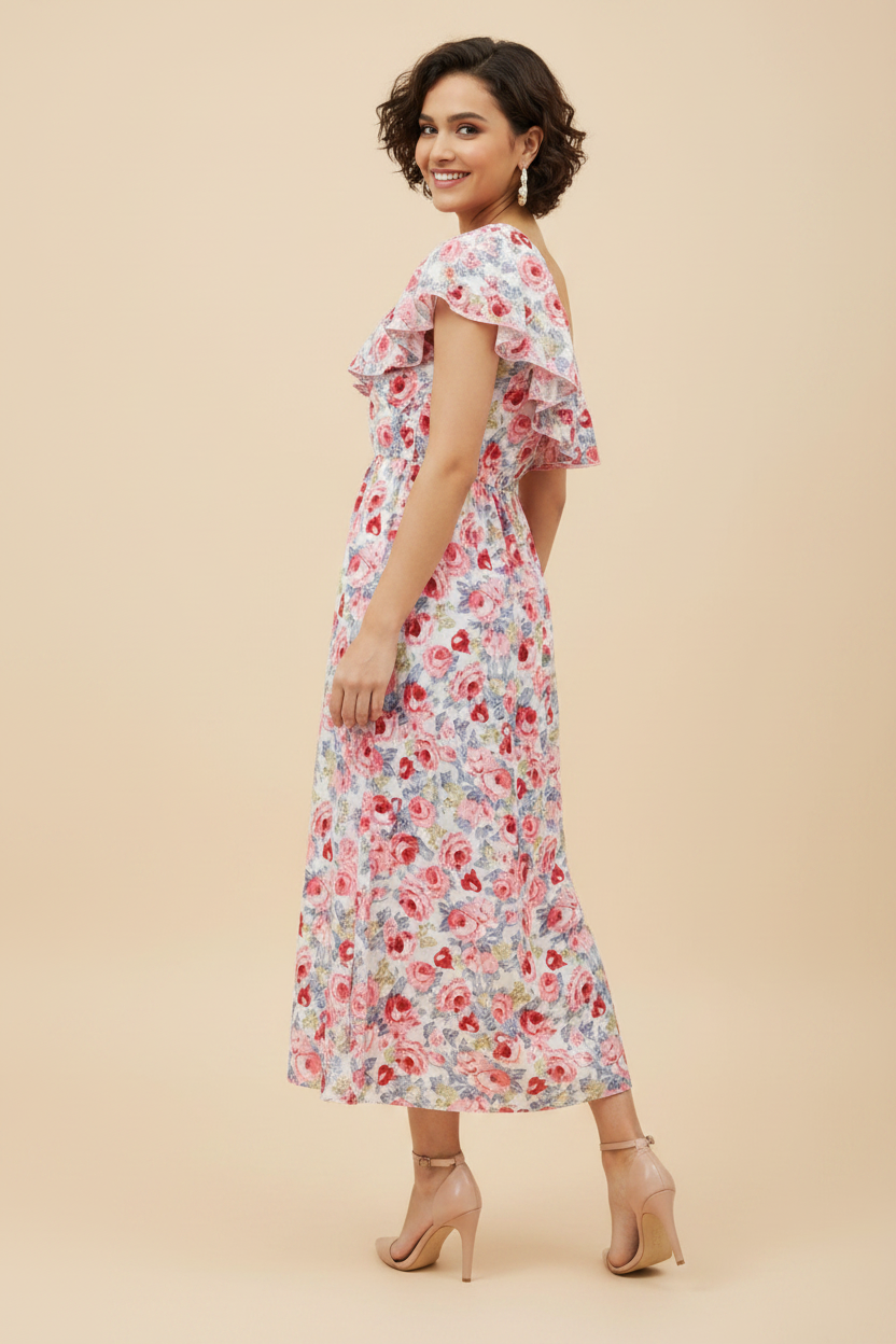 Snuggle Spot Women's Polyester Floral One Shoulder Calf-length Dress (Multicolor)